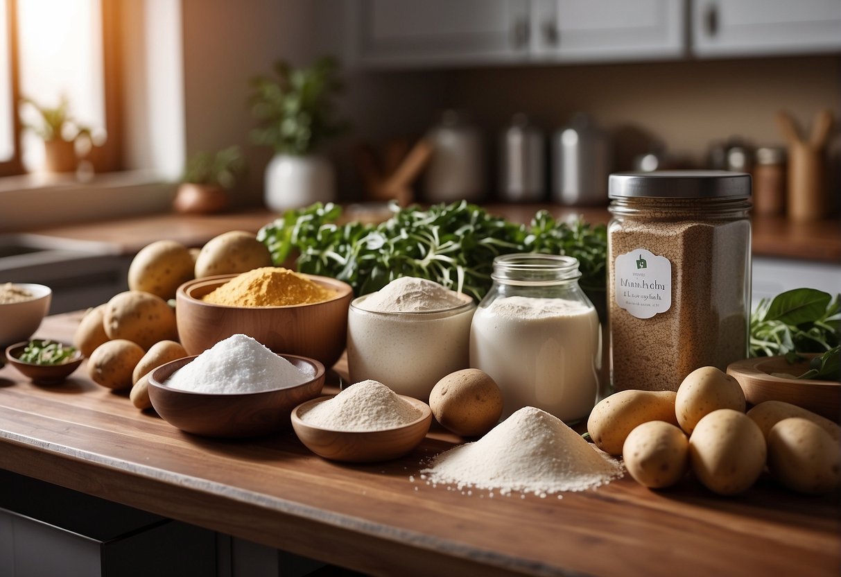 A kitchen scene with various ingredients like flour, arrowroot, tapioca, or potato starch displayed on a countertop