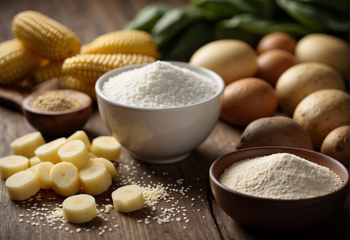 A variety of ingredients like arrowroot, tapioca, or potato starch are displayed on a kitchen counter, with a bowl of cornstarch nearby
