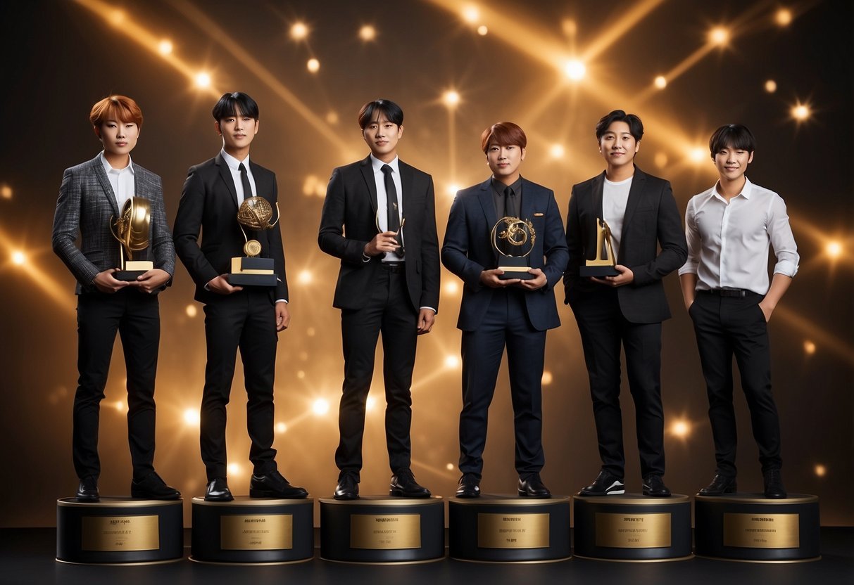 A group of seven achievement-focused individuals, representing BTS, stand confidently with their various accolades and successes displayed around them