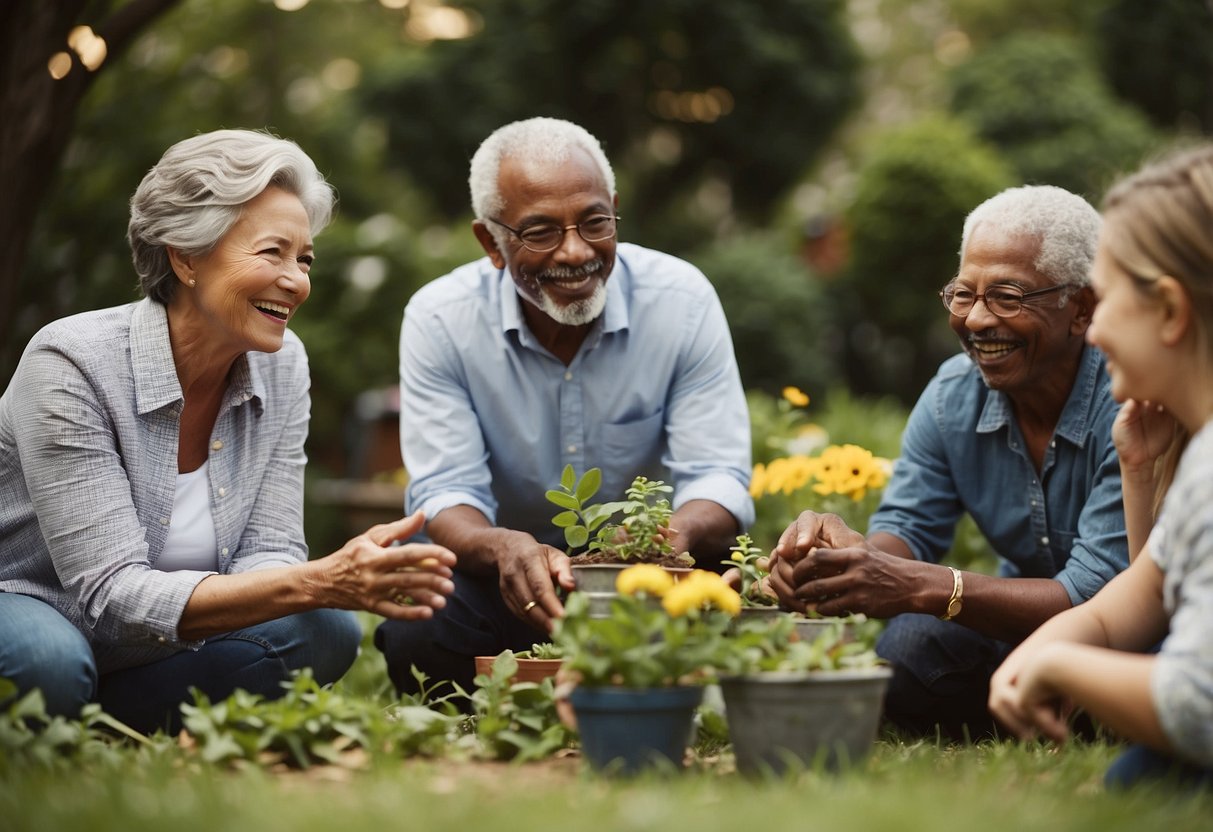 A diverse group of people engage in intergenerational activities, showing support and solidarity. Ideas include playing games, gardening, and sharing stories