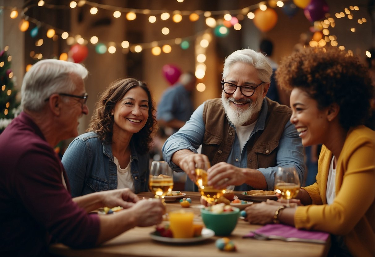 A diverse group of people of different ages gather around a table, engaging in various activities and celebrating together. Music, laughter, and colorful decorations add to the festive atmosphere