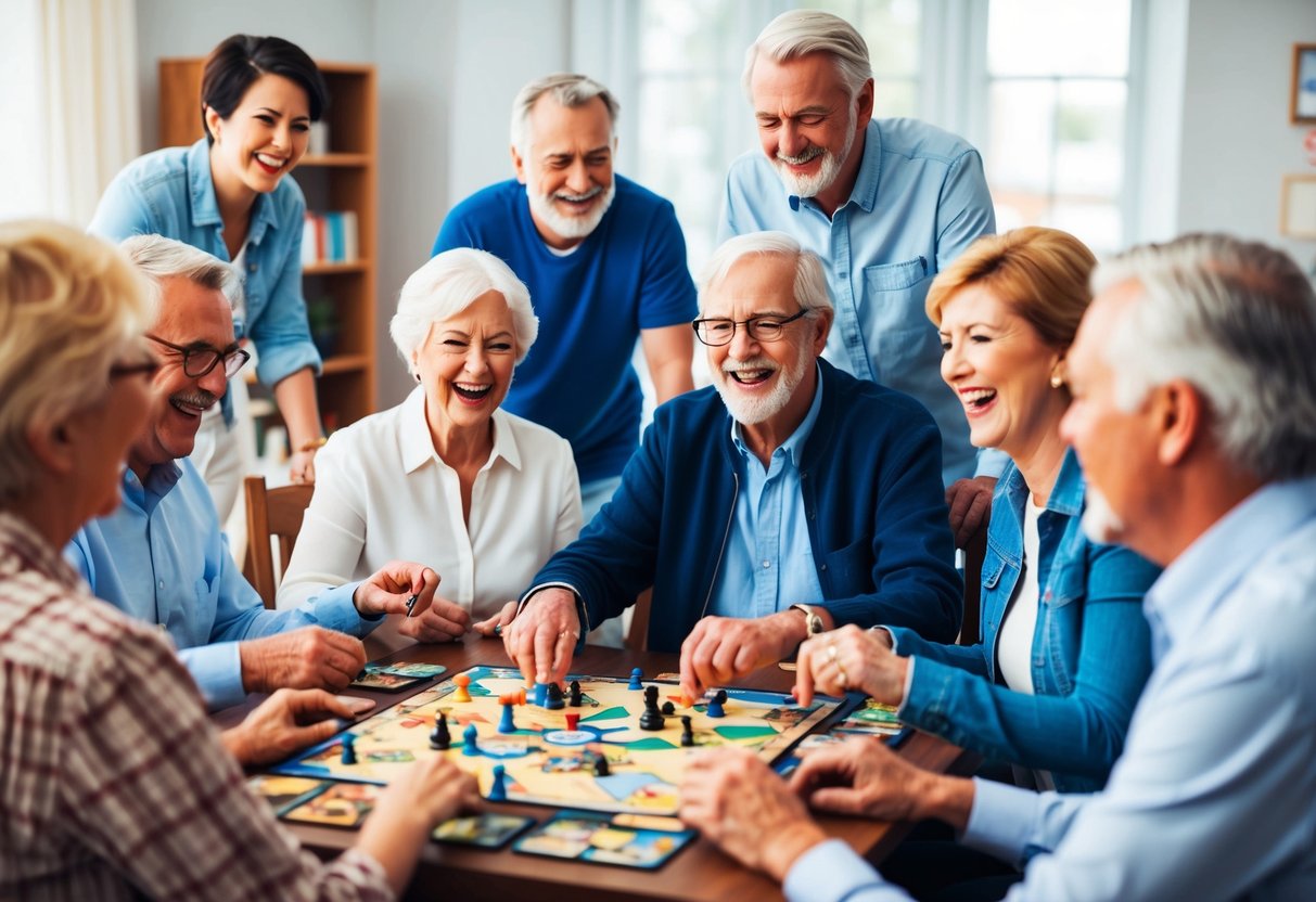 A group of seniors gather around a table, playing board games and enjoying each other's company. The room is filled with laughter and friendly competition