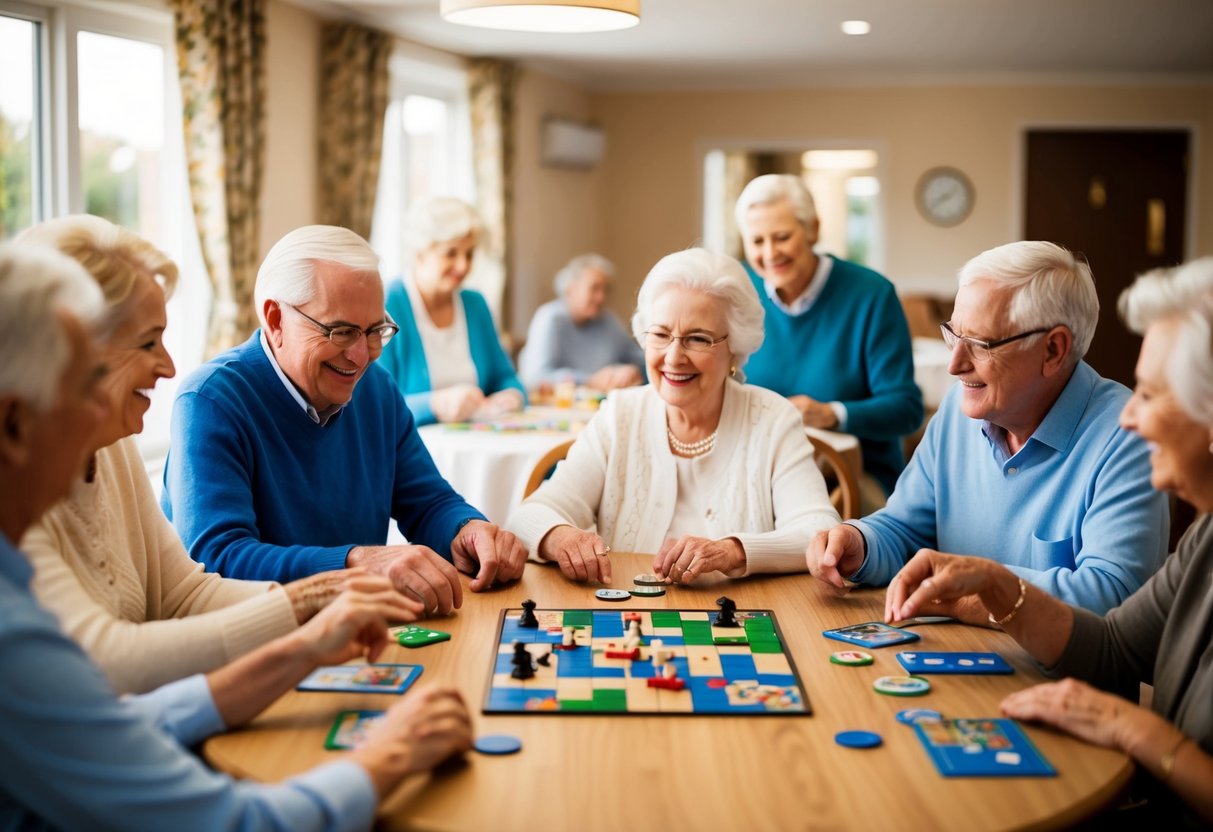 A group of seniors gather around a table in a cozy retirement home, playing board games and enjoying each other's company