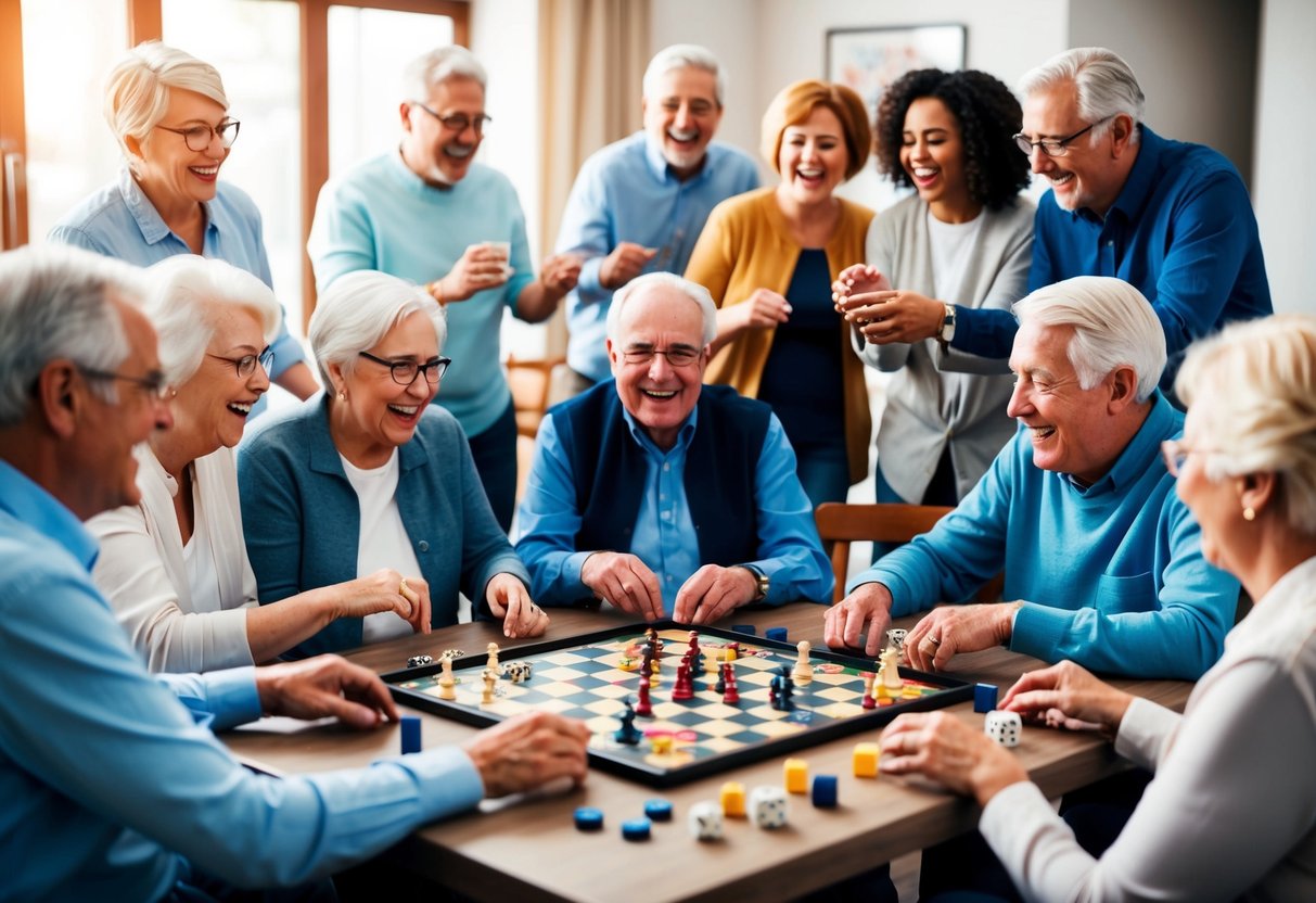 A group of seniors gather around a table, playing board games and engaging in lively conversation. The room is filled with laughter and the sound of dice rolling and pieces being moved on the board