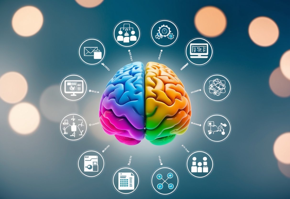 Un cerveau coloré entouré de divers symboles représentant différents types d'intelligence