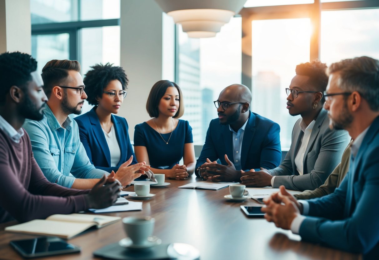 Un groupe d'individus divers participant à des conversations profondes et à des activités introspectives, reflétant les 9 types d'intelligence.