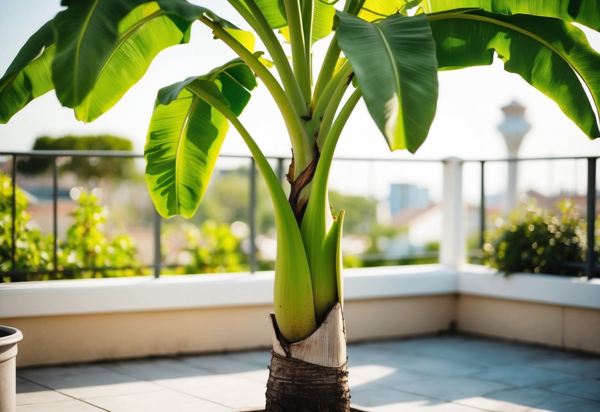 Un bananier sélectionné pour une terrasse, avec des feuilles vertes luxuriantes et un tronc robuste, contre un arrière-plan ensoleillé en plein air.